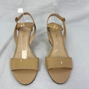 Prada‎ Women Size 9 Wedge Heel Sandals Beige Patent Leather Ankle Strap Shoes
